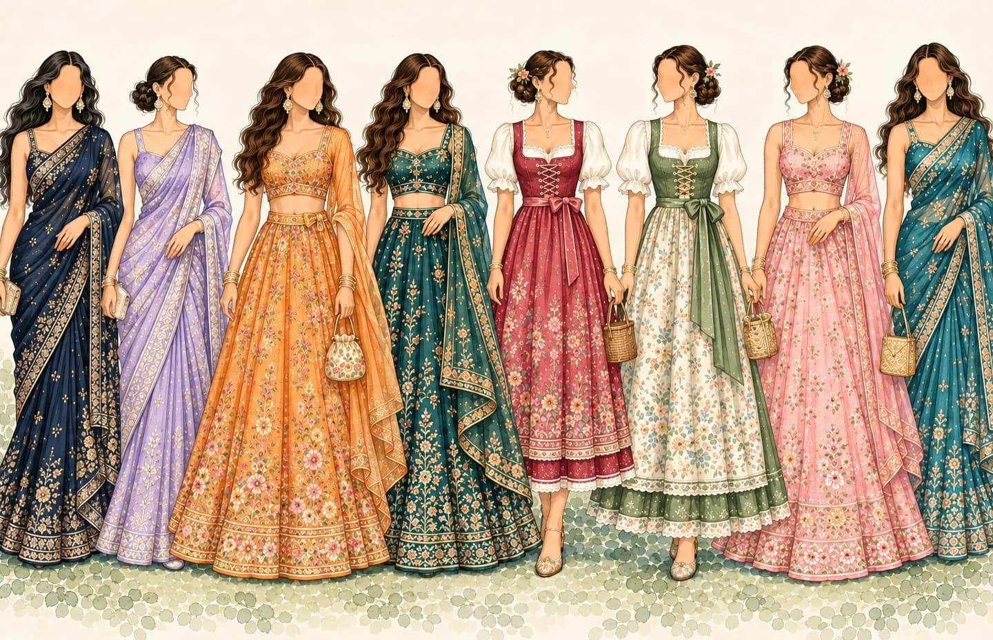 Watercolour illustration of guests in saris, lehengas and dirndls